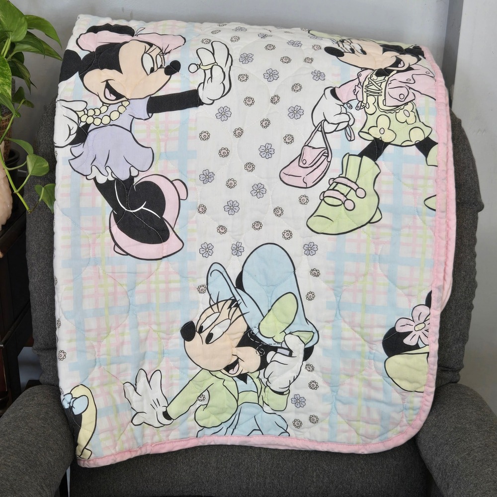 VTG Disney Minnie Mouse Quilted Baby Blanket Pastels Floral 40x50 Toddler Throw